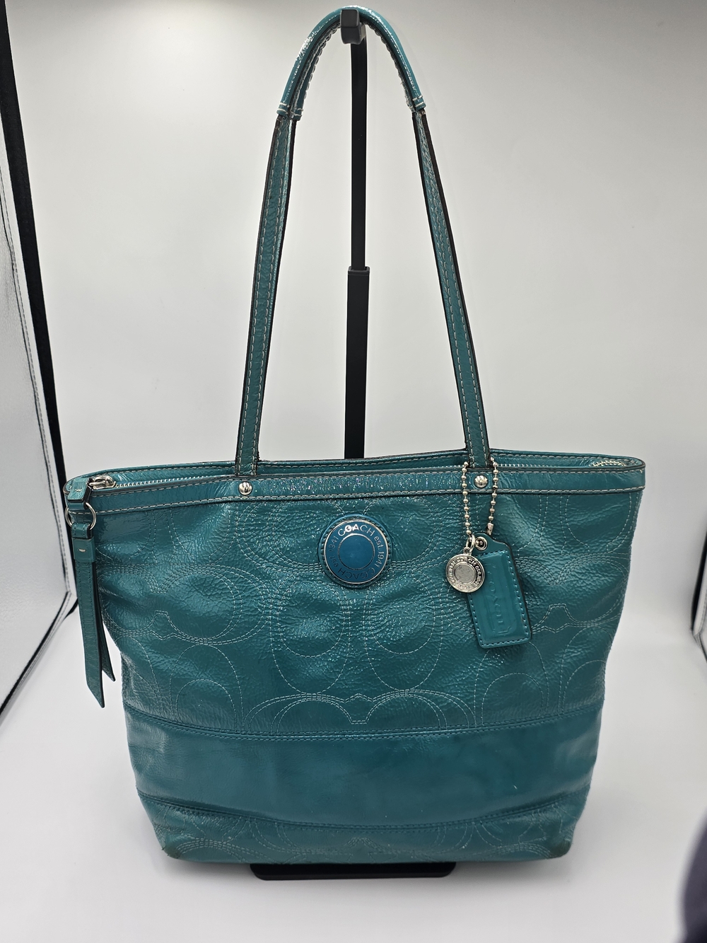 COACH F19198 Signature Teal Patent Leather Stitch Tote Shoulder Purse *PRE-LOVED
